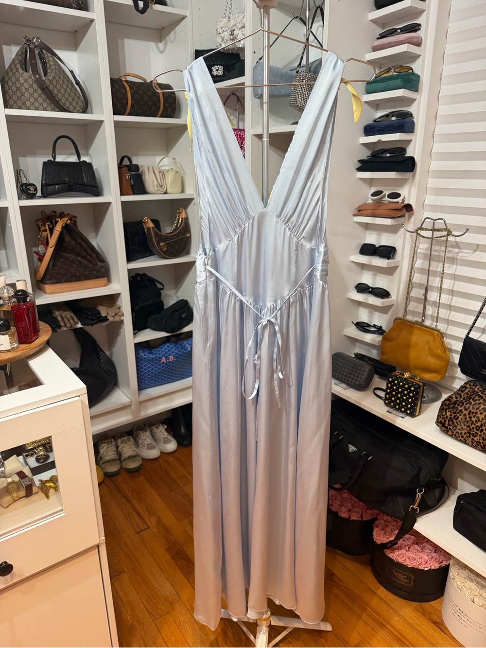HELSA Satin Light Blue Maxi Dress with Yellow Shoulder Ties M - Picture 4 of 6